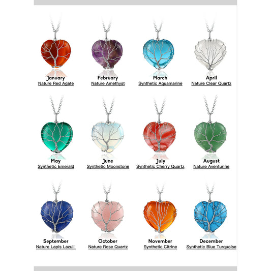 Bestyle Tree of Life Heart Crystal Necklace – Handmade Birthstone Healing Jewelry